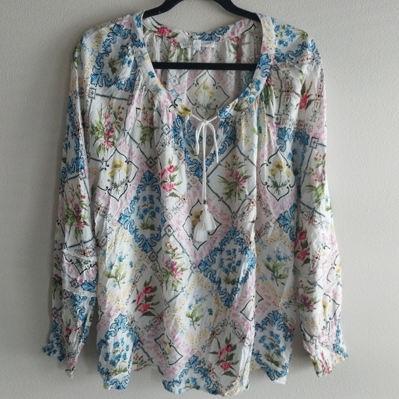 Jane and Delancey Tops - Jane + Delancey Multicolor Floral Patchwork Boho Long Sleeve Blouse